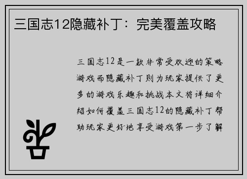 三国志12隐藏补丁：完美覆盖攻略