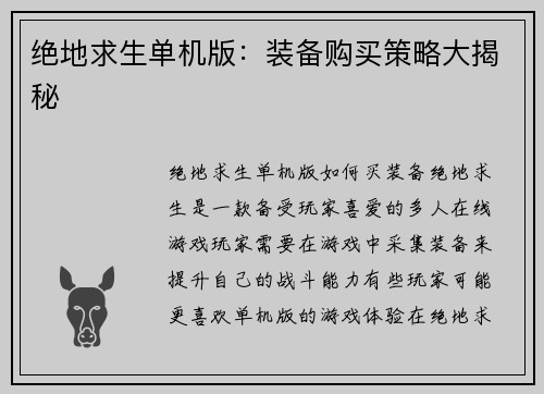 绝地求生单机版：装备购买策略大揭秘